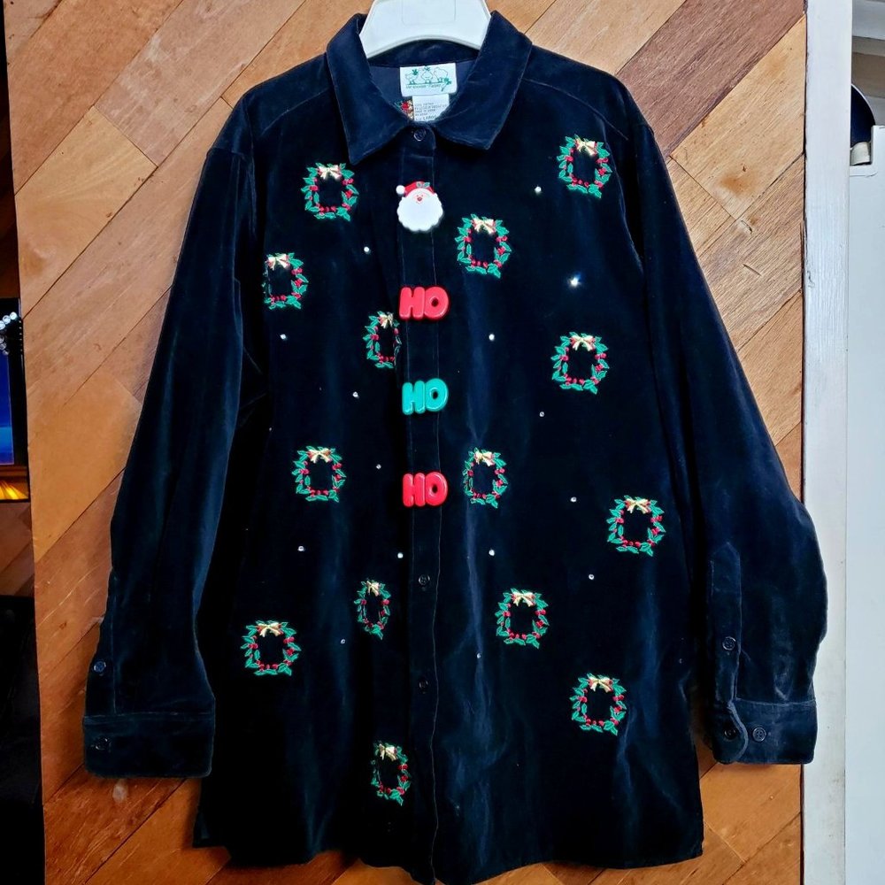 Vintage Women's Quacker Factory Black Velveteen Christmas Shirt - Size L